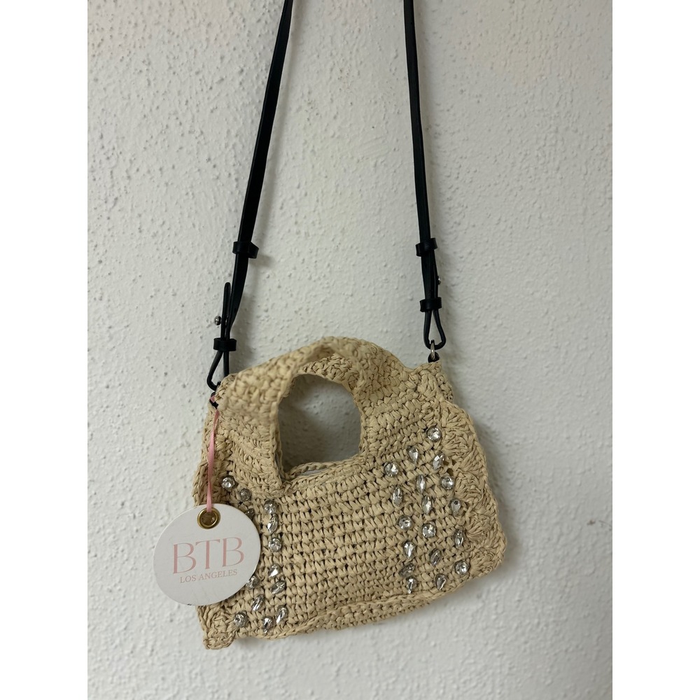 BTB Los Angeles Woven Straw Crystal Embellished Mini Crossbody Bag Tan